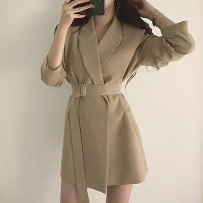 Korean Version 2026 Ins-Style Black Belted Blazer for Women