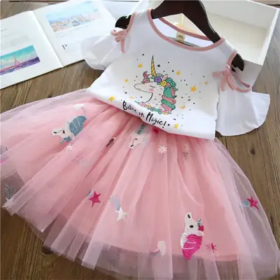 2020 Summer New Children's Suit Korean Girl's Printed Short-sleeved T-shirt + Puffy Veil Skirt Two-piece Mesh Skirt