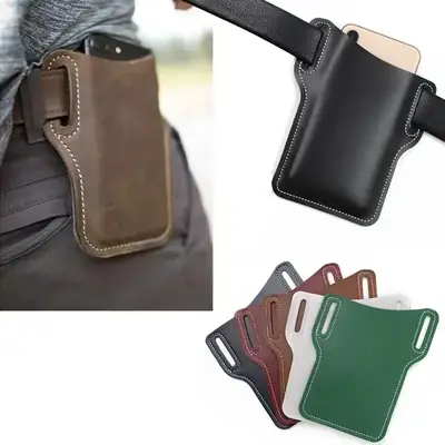 Brown PU Leather Mobile Phone Waist Bag with Stitching