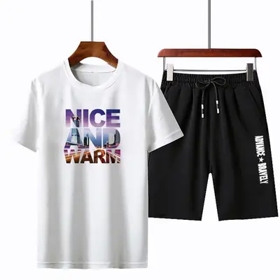 Men Black Graphic T-Shirt & Shorts Set Summer Casual