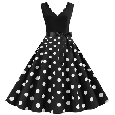 Black Polka Dot V-Neck Sleeveless Swing Dress