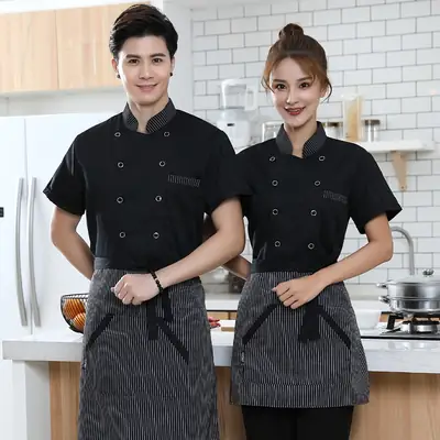 Men Chinese Style Short Sleeve Chef Shirt White Black