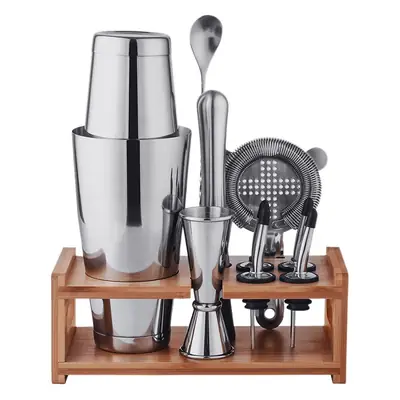 Stainless Steel Cocktail Shaker Set with Bamboo Stand
