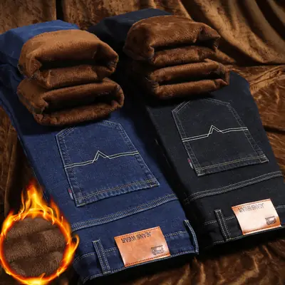 Men Fleece Lined Cold Proof Jeans Blue Brown