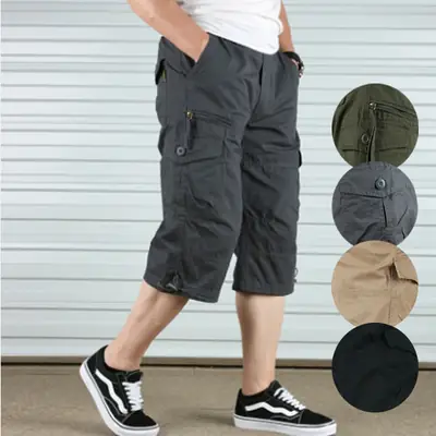 Men Cotton Crop Pants Aka Olive Green Multi Pocket