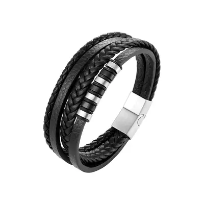 Men's Black Leather Woven Bracelet with Gold Plated Clasp