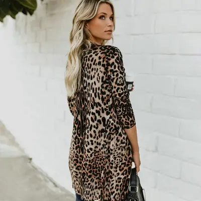 Leopard Print Long Sleeve Trench Coat for Women Spring Autumn