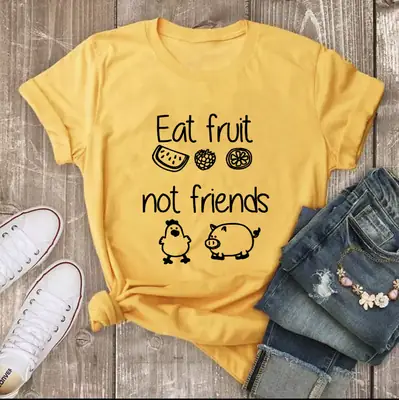 Yellow T-Shirt with "Eat Fruit Not Friends" Print