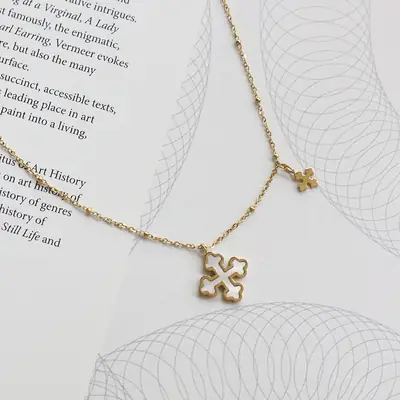 XL371 Gold Cross Clavicle Necklace with Fritillary Design