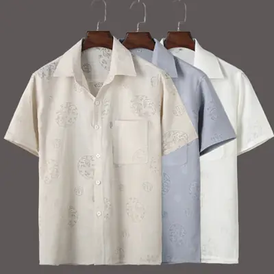 Men's New Linen Lapel Shirt Light Grey Short Sleeve