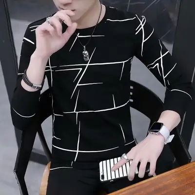 Men Black White Grid Slim Fit Long Sleeve T-Shirt