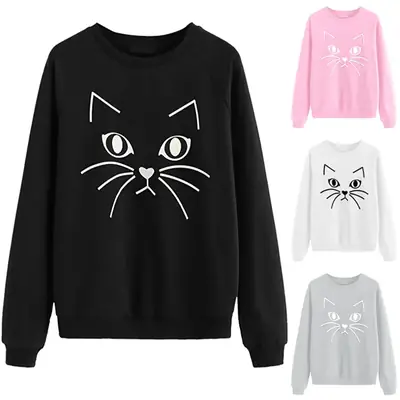 Black Cat Face Crewneck Sweatshirt for Women