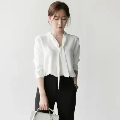 White V-Neck Bow Ribbon Chiffon Top for Women