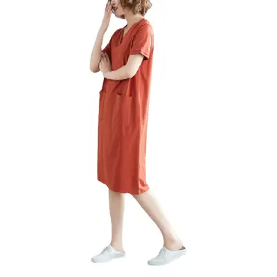 Plus Size Women's Navy Blue V-Neck Loose Skirt Dress