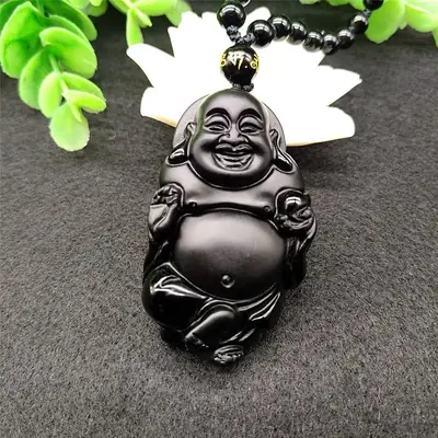 Obsidian Smiling Buddha Maitreya Pendant Necklace