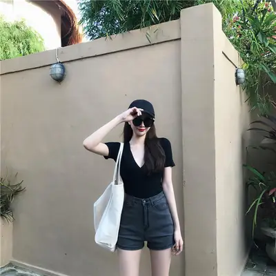 Women V-Neck Black Slim Fit Shorts Top 2025