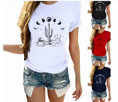 Red T-Shirt Lunar Eclipse Cactus Print Short Sleeve