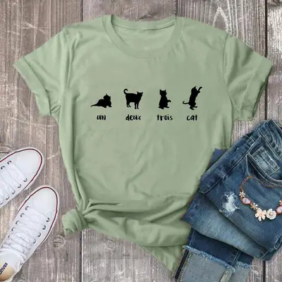 Green Cat Print T-Shirt Un Deux Trois Cat Short Sleeve