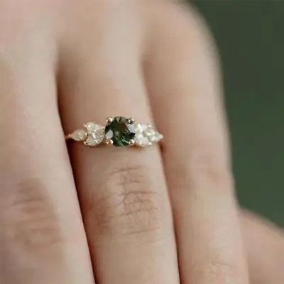 Women's Green Emerald Engagement Ring with Diamond Set