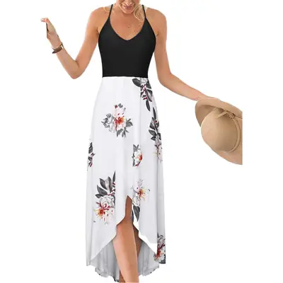 Color Block Printed V Neck Backless Dress for Women