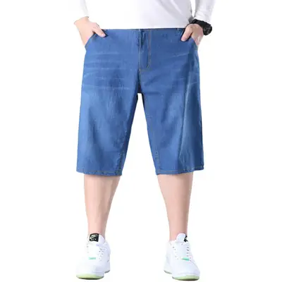 Men Denim Capri Shorts Blue Elastic Waist Loose Fit
