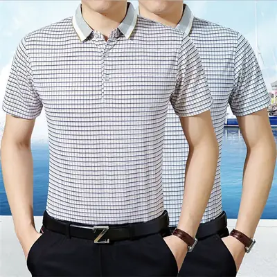 Men's White Grid Polo Shirt with Blue Trim
