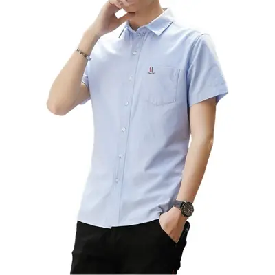 Men Navy Blue Short Sleeve Oxford Cotton Shirt