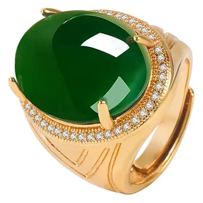 Green Chalcedony Ring with Diamond Set 925 Silver Adjustable