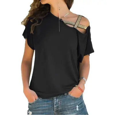 Blue Cross Shoulder Irregular Short Sleeve Women's T-Shirt