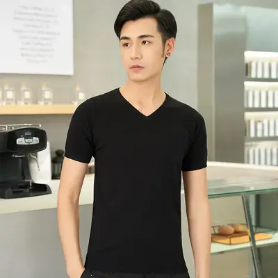Men V-neck Solid Color T-Shirt Slim Fit