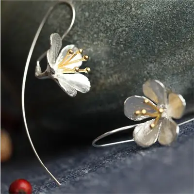 Silver 5-Petal Flower Earrings with Tassel Detail