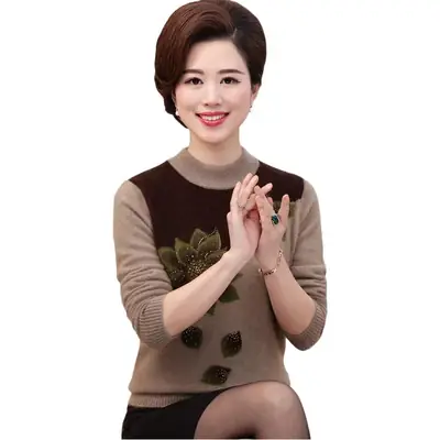 Women Fleece Lined Sweater Autumn Winter Warm Middle-aged Elderly
