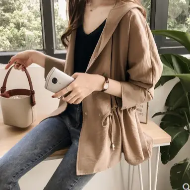 Women's Olive Green Loose Bf Trench Coat Mid-Length Casual Long Sleeve