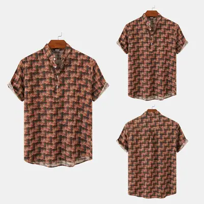 Men Printed Ethnic Short Sleeve Shirt Brown Black