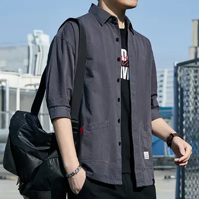 Men Pure Cotton Seven Point Shirt Tan Korean Style