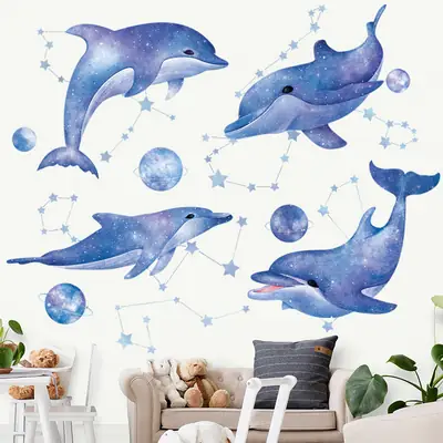 Blue Dolphin Wall Stickers for Kids Classroom Space Theme
