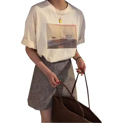 Women 2023 Summer Loose T-Shirt Round Neck Short Sleeve