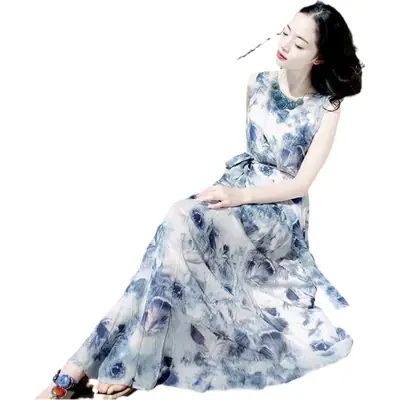 Women's Long Skirt Dress Blue Floral Silk Set