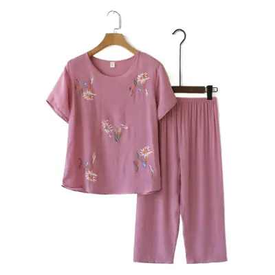 Grandma Cotton Linen Top Home Summer Short-sleeve T-shirt Two-piece Set