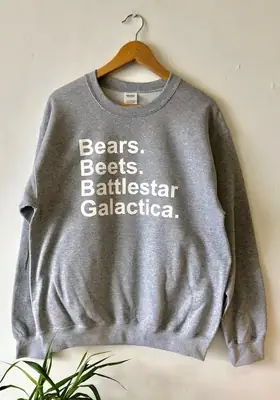 Gray Long Sleeve Sweatshirt with "Bears, Beets, Battlestar Galactic" Print