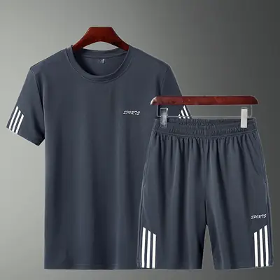 Men's White Adidas Style T-Shirt & Black Shorts Set