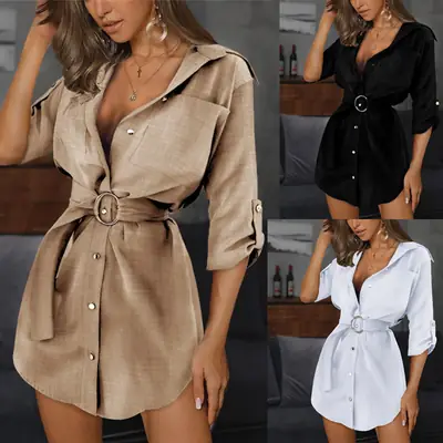 Women's Light Blue V-Neck Belted Shirt Dress