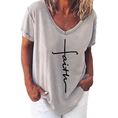 Women Casual Cross Print T-Shirt Grey Short Sleeve