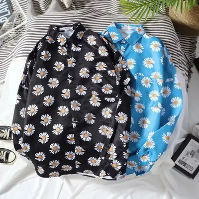 Daisy Print Long Sleeve Shirt Blue Summer Wear