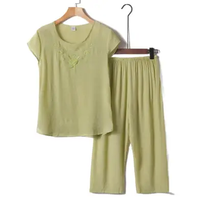 Middle-Aged Women Cotton Linen Pajama Set Pink