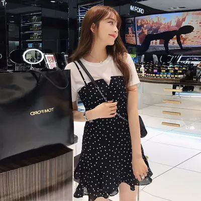 Harajuku Style Black Polka Dot Two-Piece Skirt Set for Women
