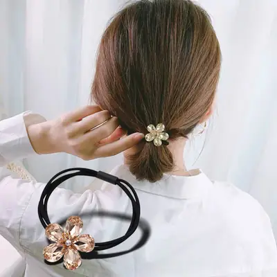 Black Crystal Pearl Hair Tie with Rhinestone