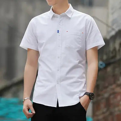 Men White Short Sleeve Cotton Oxford Shirt with Pocket