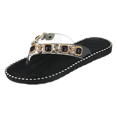 Women Rhinestone Flip Flops Black Summer Sandals