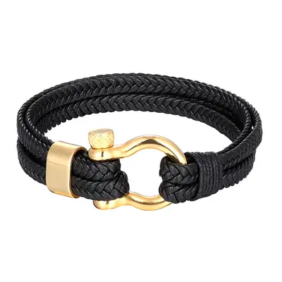 Men's Black Leather Braided Bracelet with Gold Buckle
